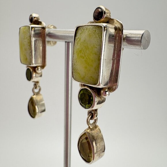 VTG Sterling Silver 925 Lizardite Bezel Set Stud Earrings Size 46mm Length - Picture 5 of 12